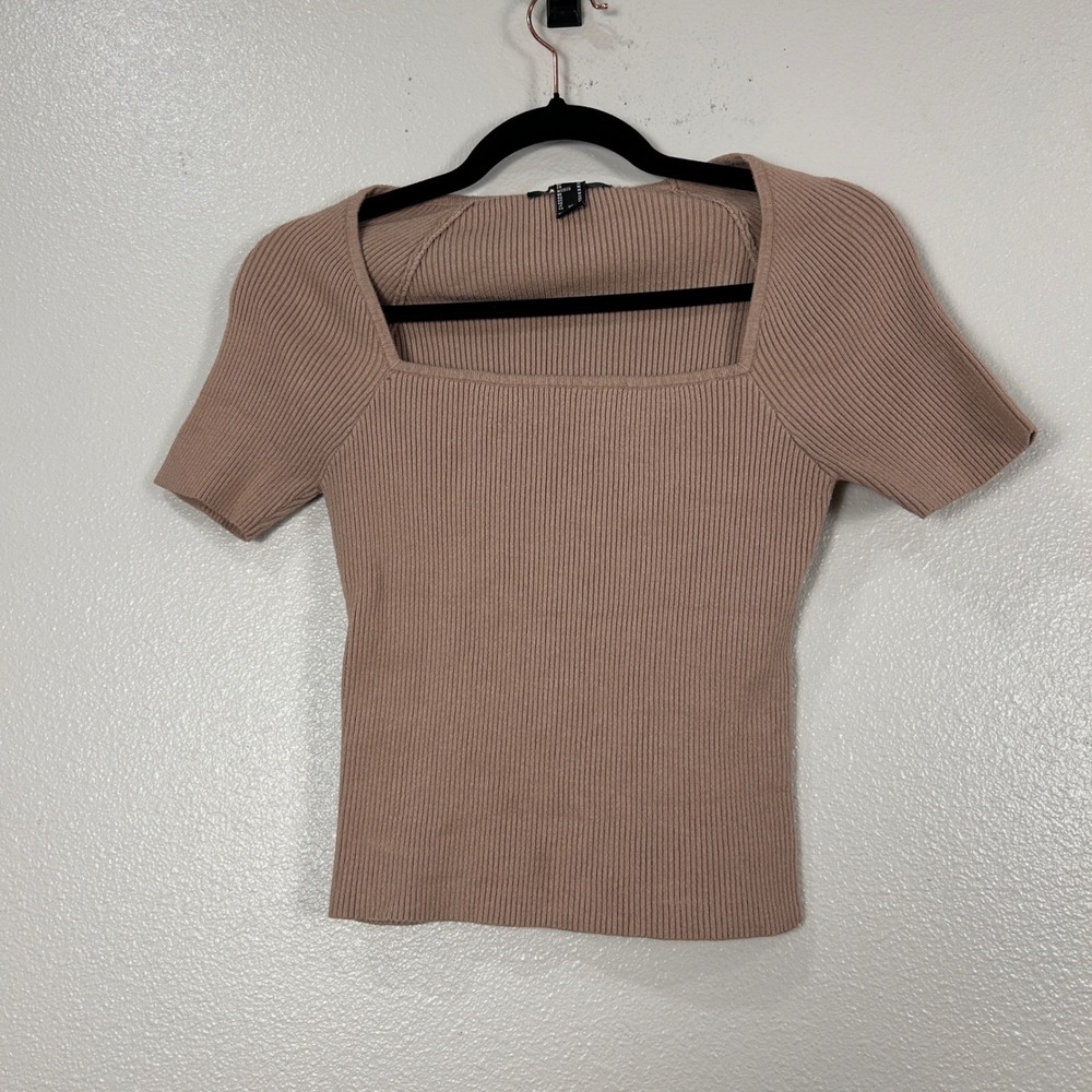 Forever 21 Womens Ribbed Square Neck Short‎ Sleeve Knit Top Taupe Mauve Medium